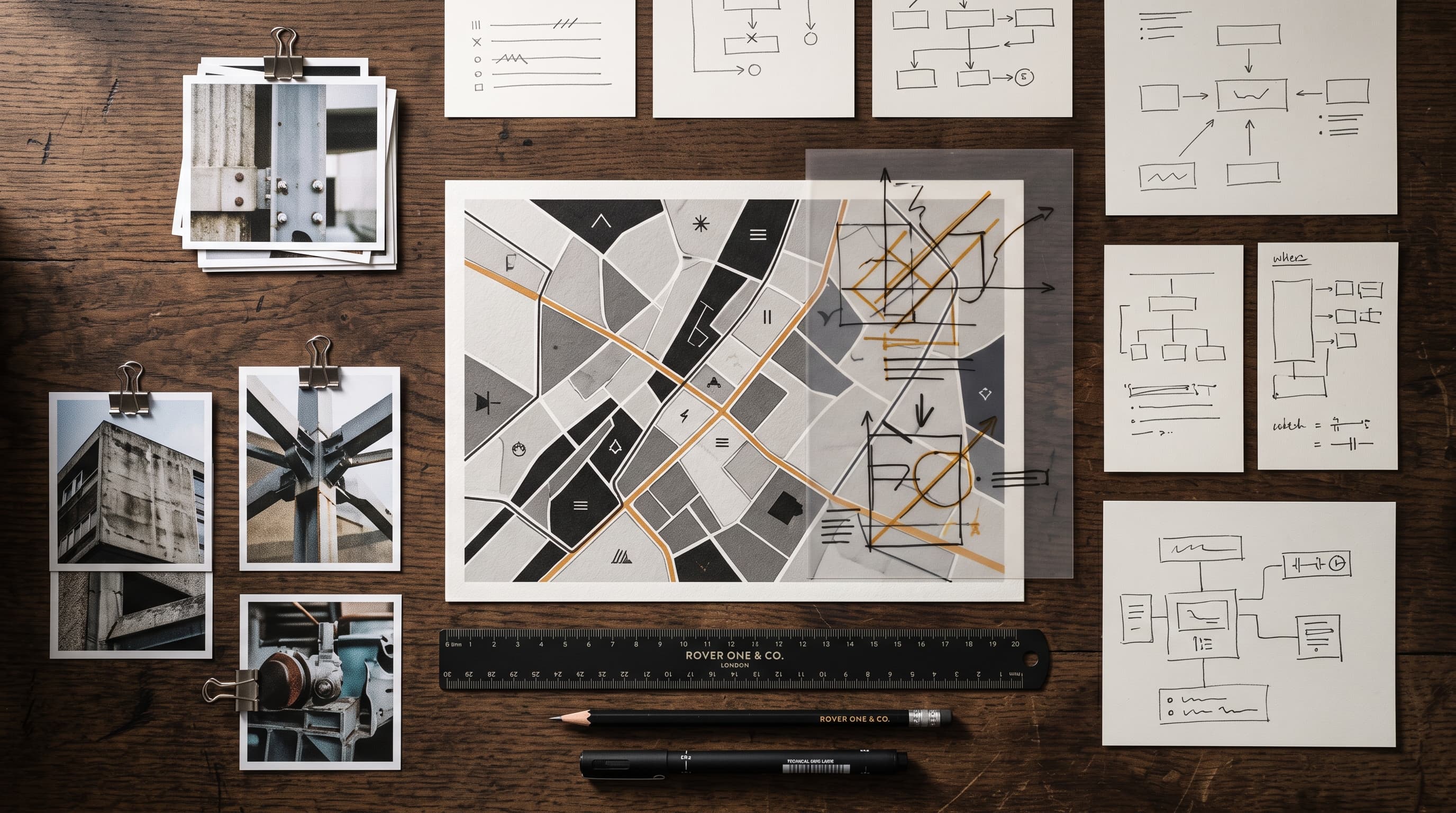 Visualização conceitual de mapas, diagramas e registros organizados sobre uma mesa de trabalho.
